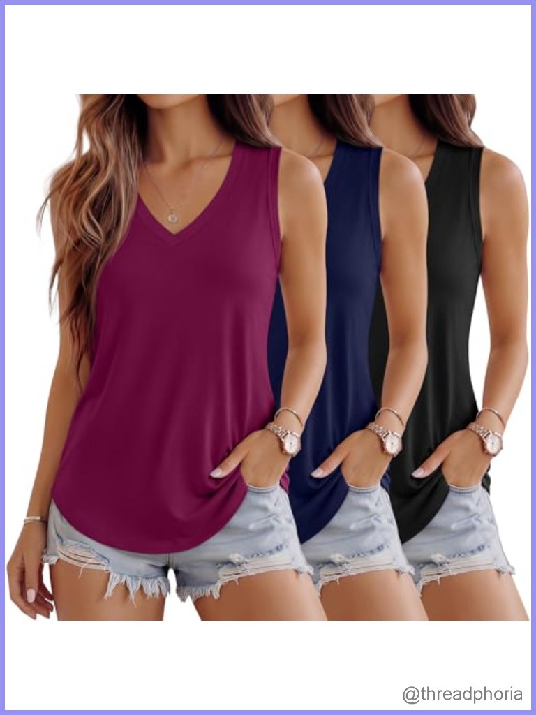 3 Pack Women's Sleeveless Tank Tops V Neck Summer Loose Fit T Shirts